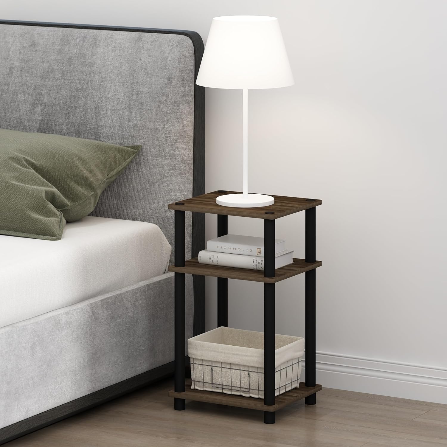 Three-tier tubular walnut-colored simple storage side table