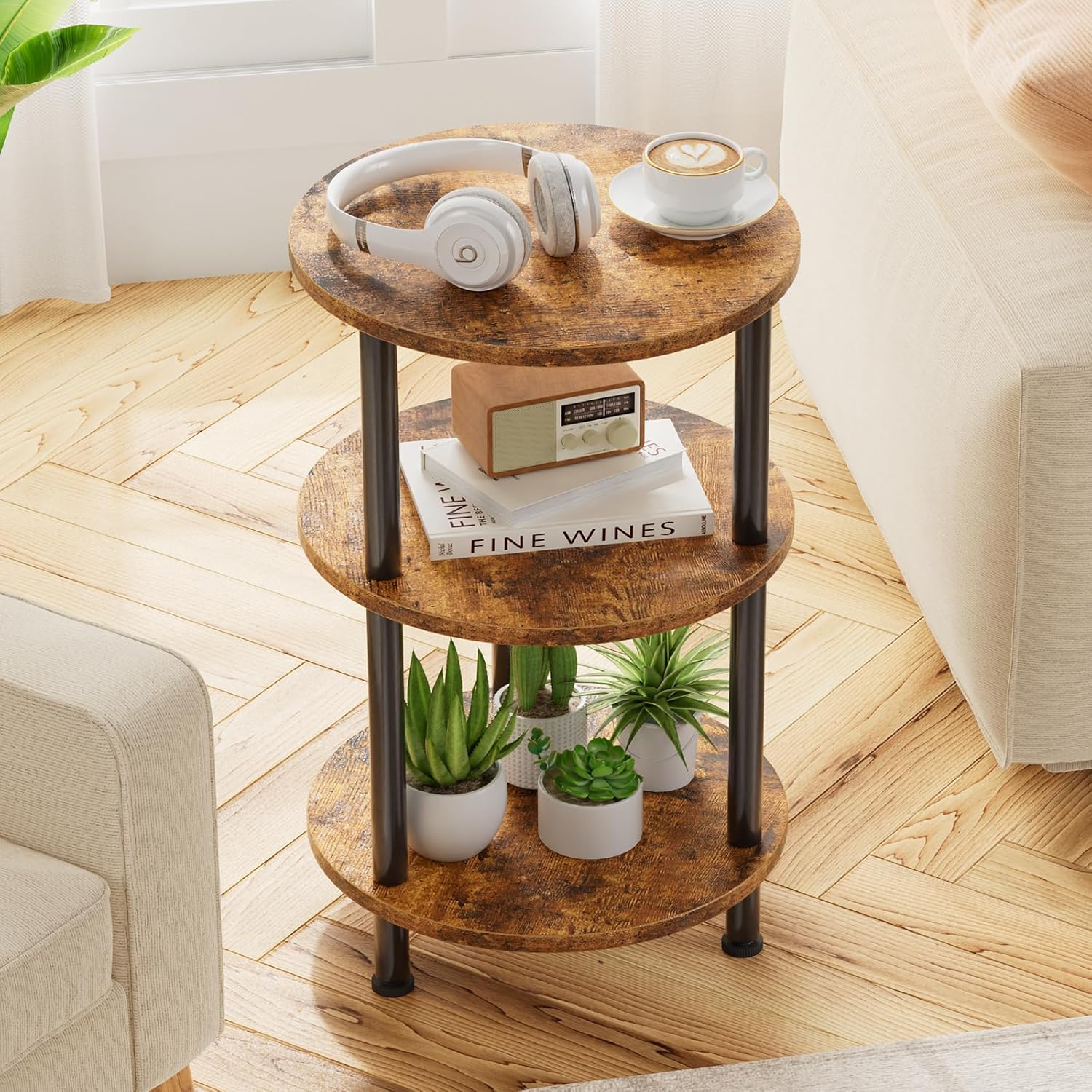 Retro brown three-tier round small living room side table